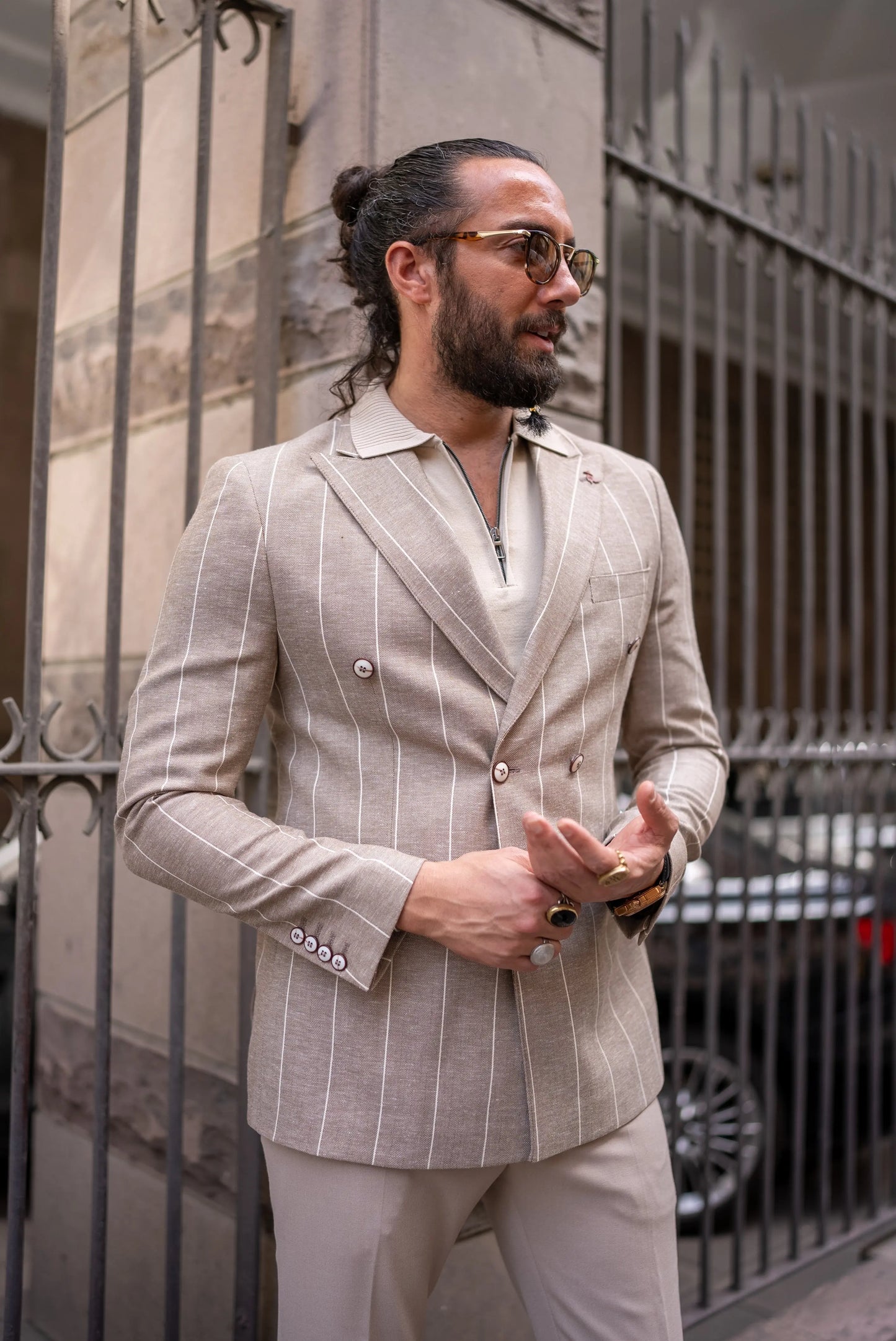 Brabion Noah Beige Slim Fit Double Breasted Striped Blazer - BRABION