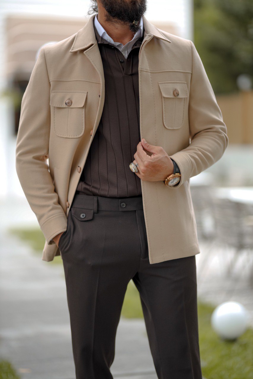 Men’s Beige Short Cashmere Coat with Pocket Detail