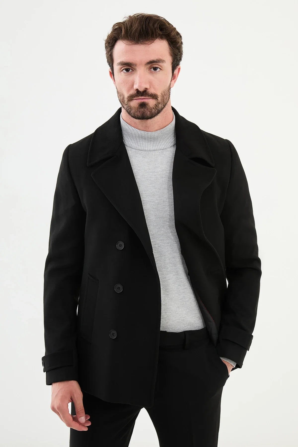 Bojoni Capena Plain Slim Fit Wool Black Coat