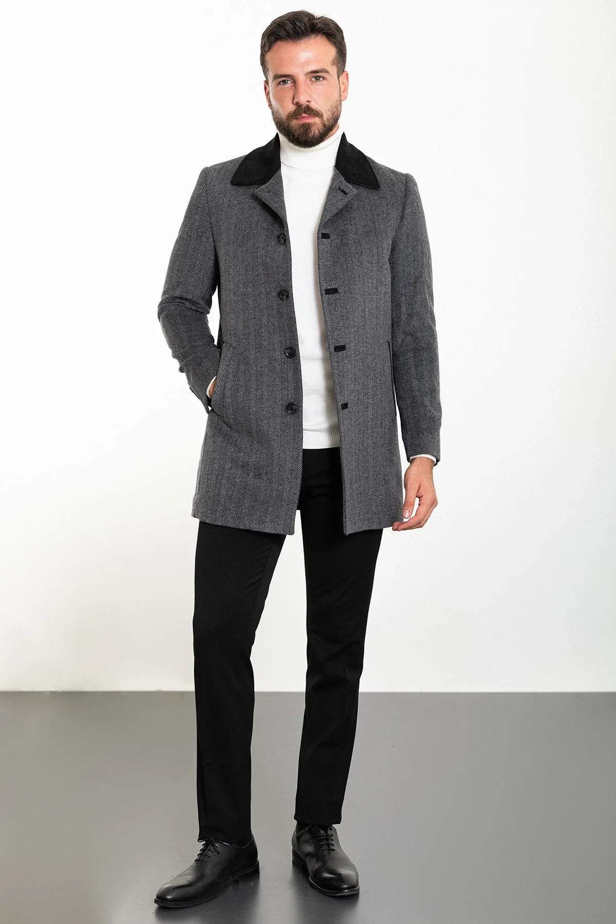 Bojoni Capena Patterned Slim Fit Collar Detailed Stamped Gray Coat
