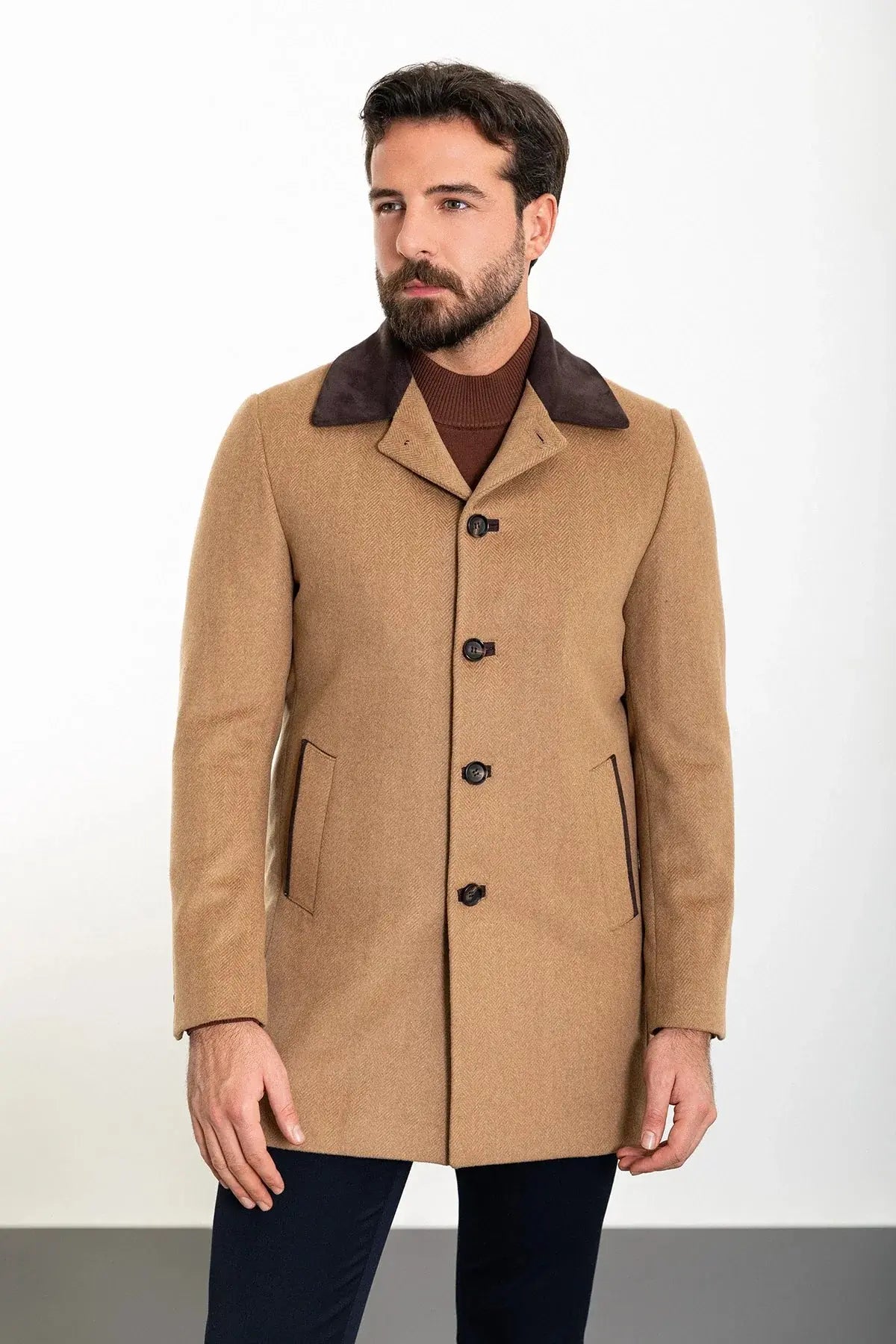 Bojoni Capena Patterned Slim Fit Collar Detailed Stamped Camel Coat
