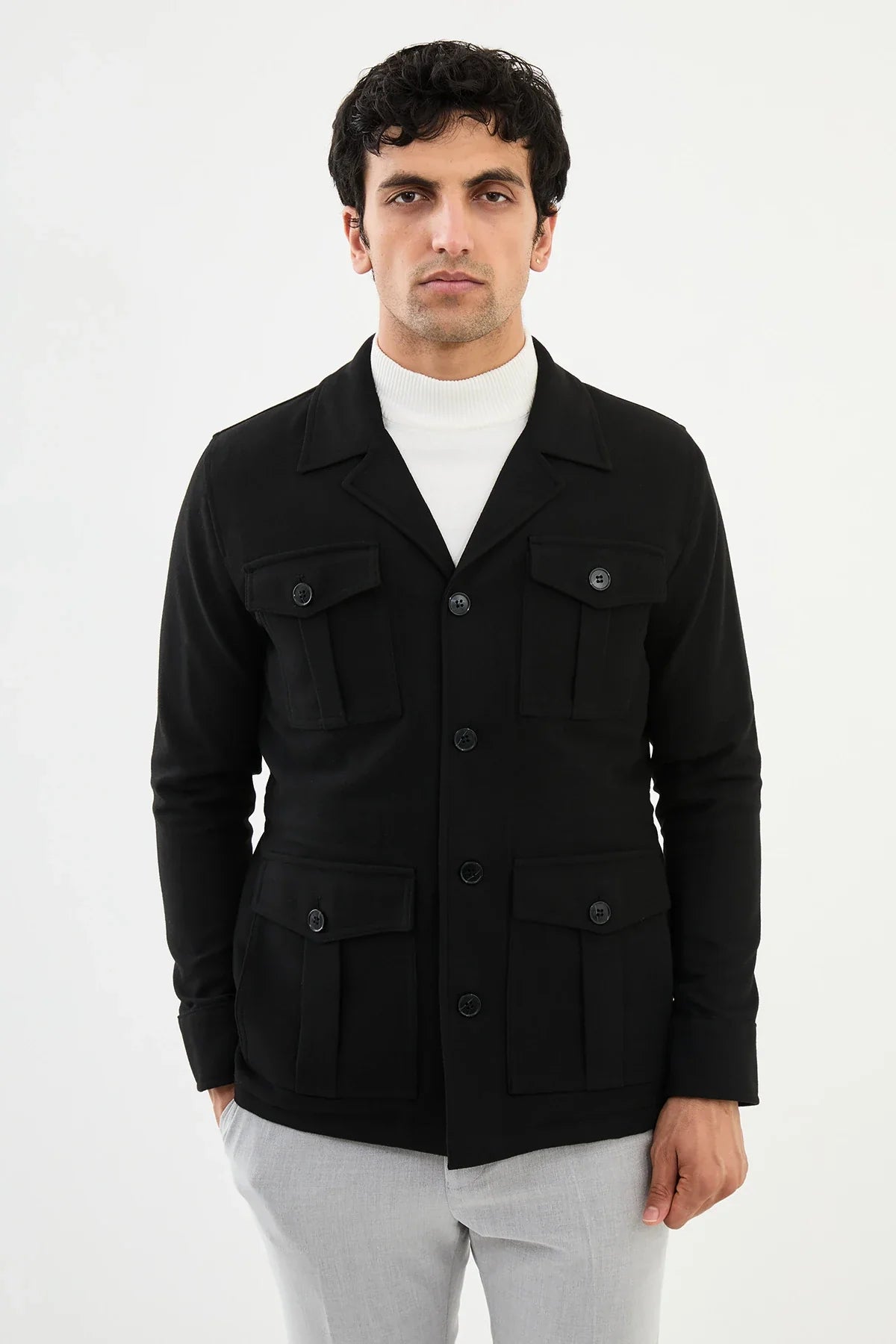 Bojoni Capena Safari Plain Black Slim Fit Coat