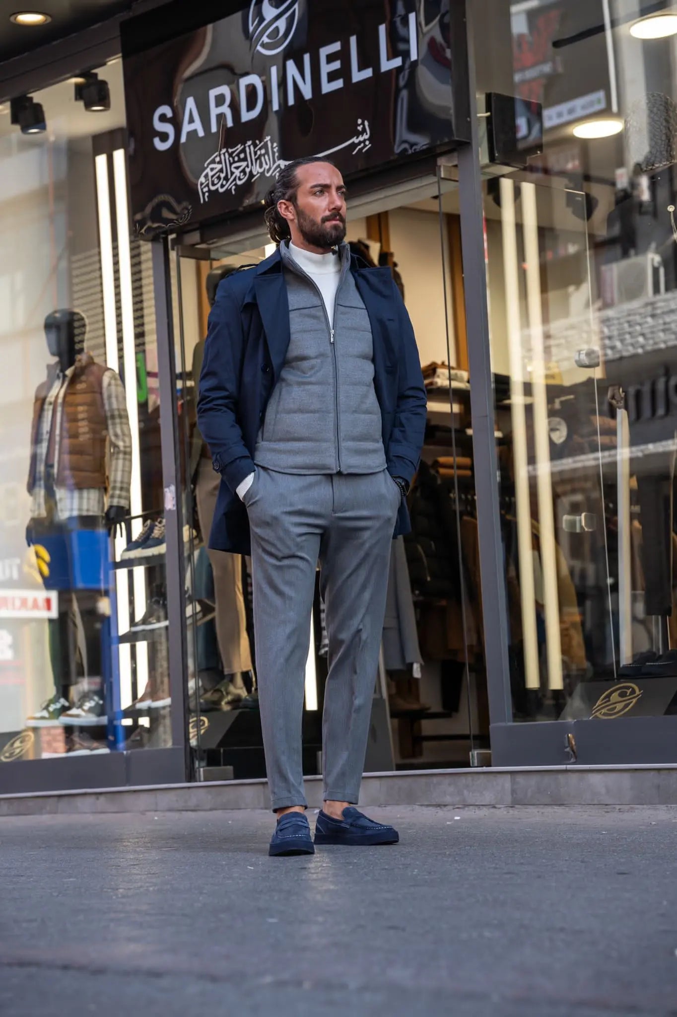 Brabion Navy Blue Slim Fit Double Breasted Long Coat - BRABION