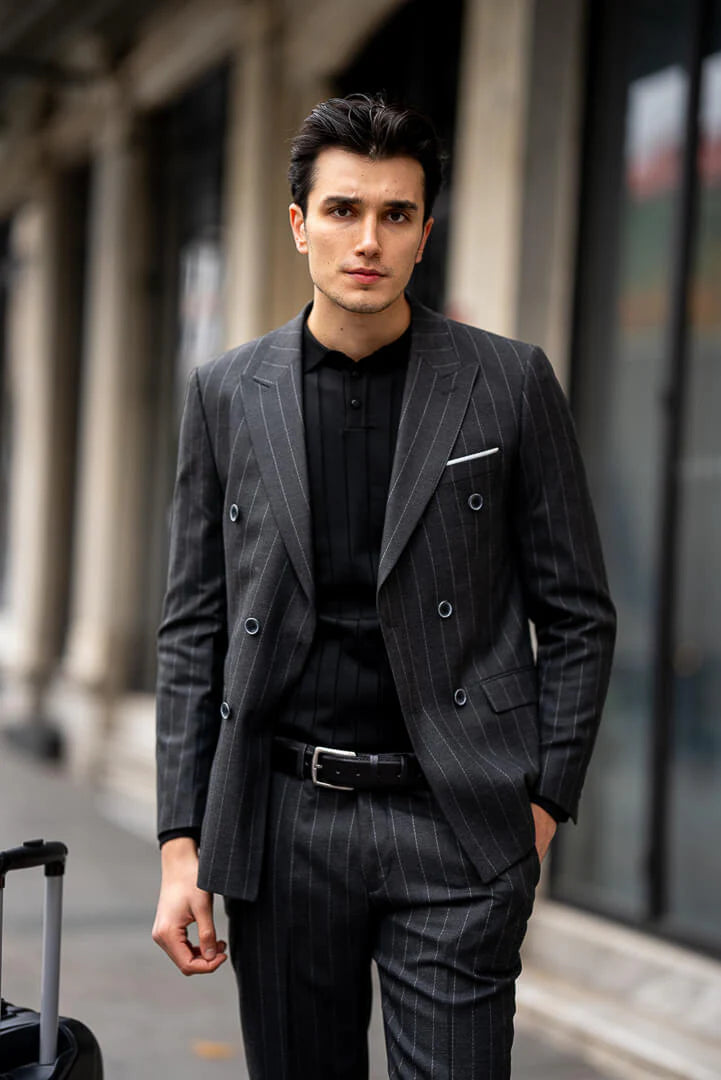 Brabion Black Double-Breasted Suit with Pinstripes