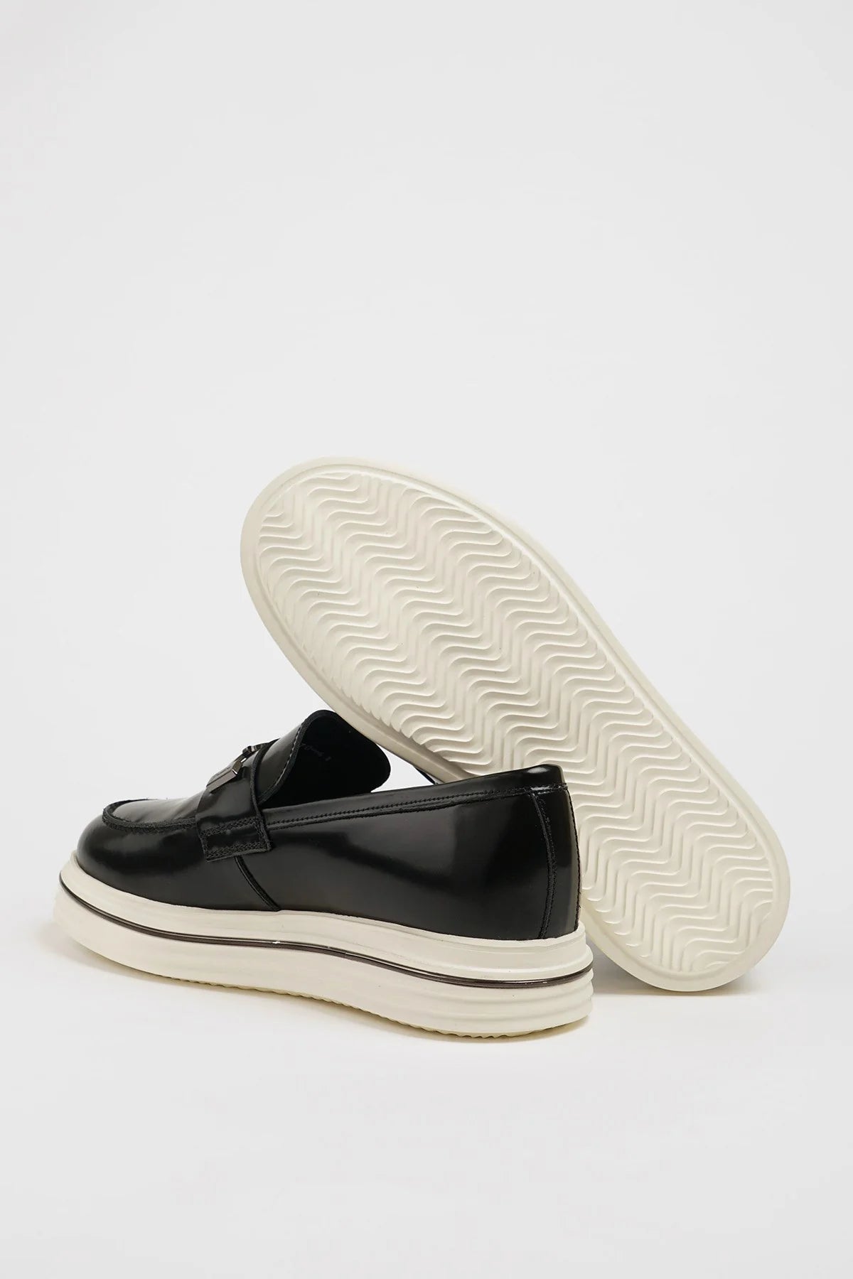 Maison Black Leather Casual Loafers with Open Leather Buckle Detail