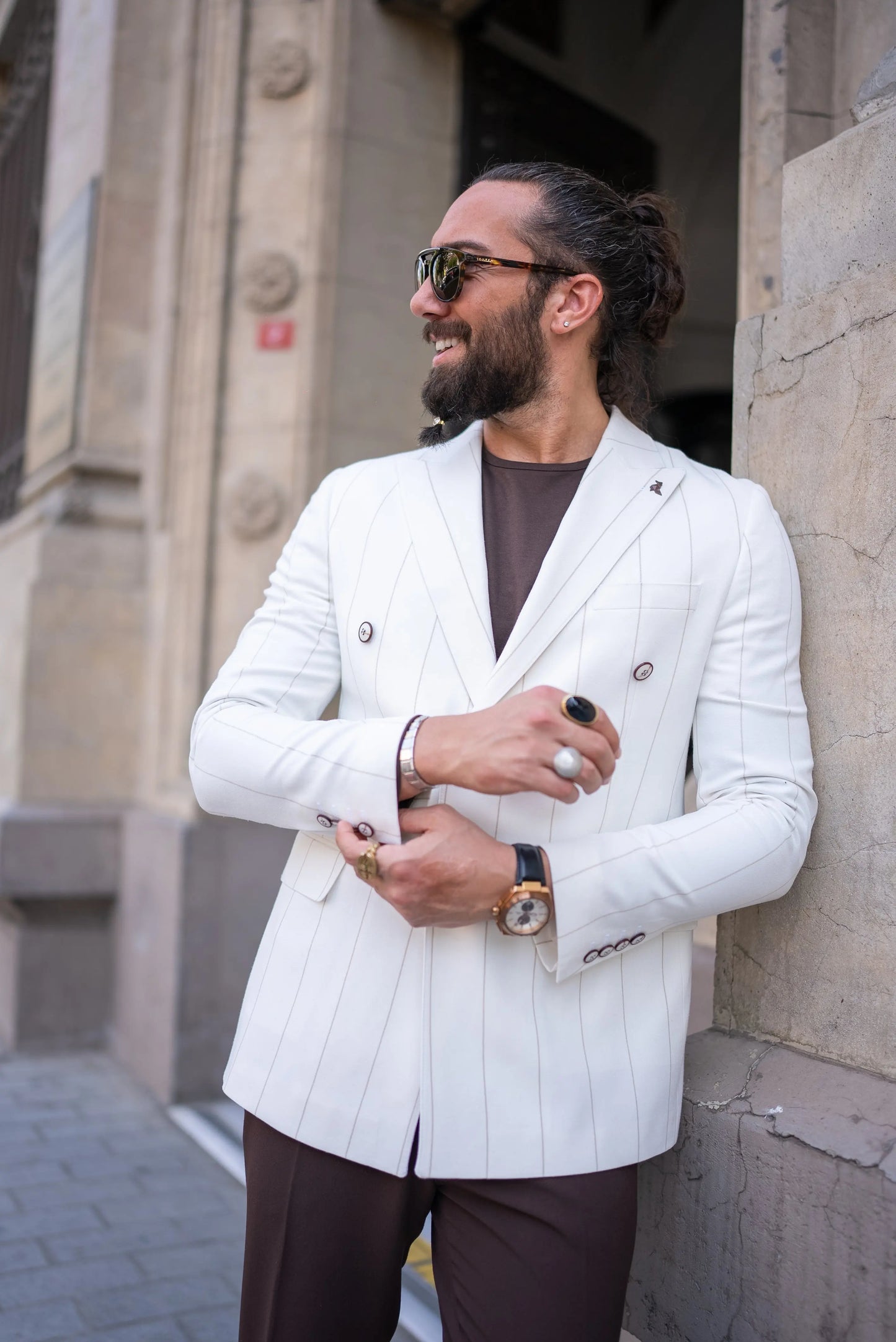 Brabion Noah White Slim Fit Double Breasted Striped Blazer - BRABION