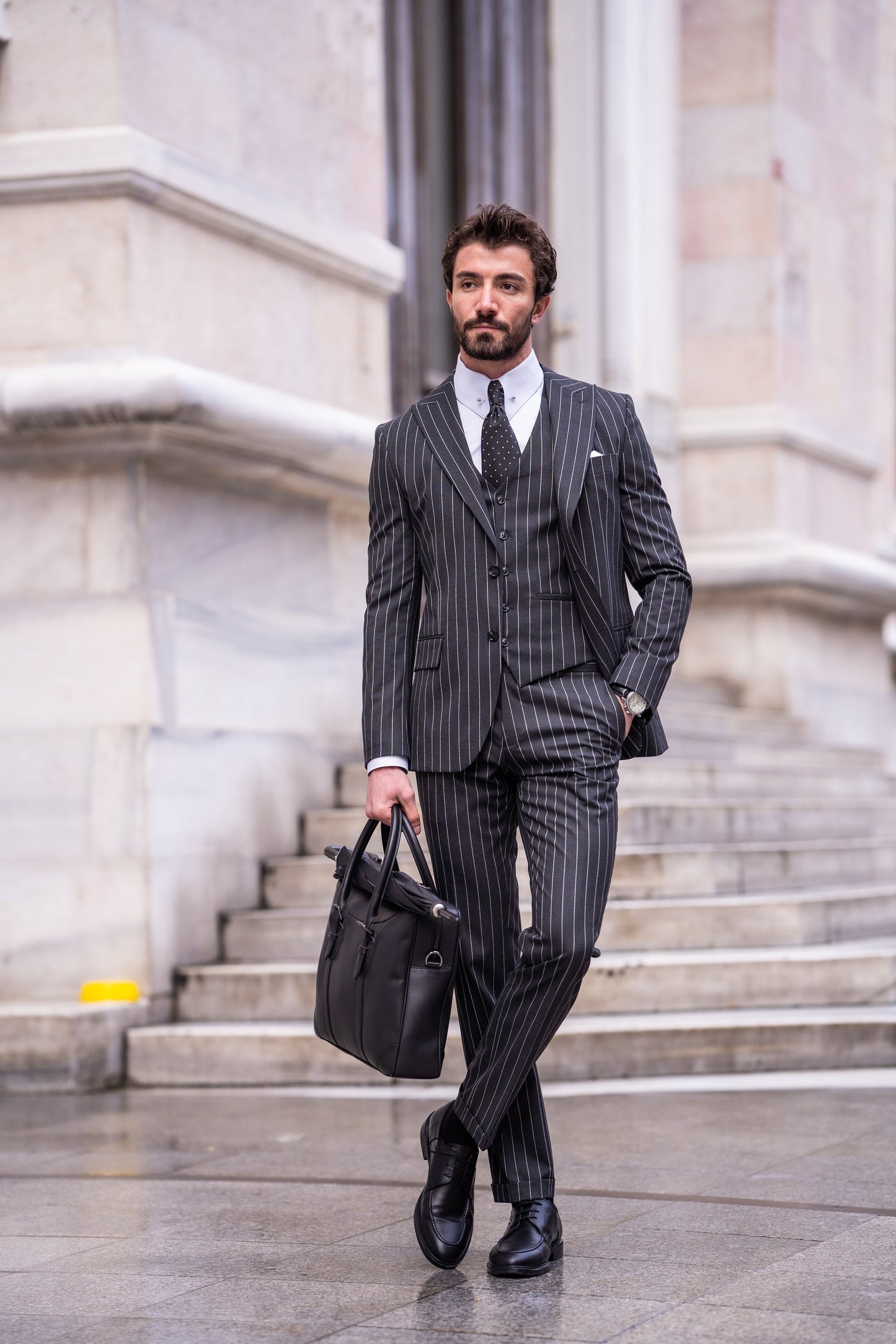 Black Striped Slim-Fit Suit 3-Piece VIOSSI