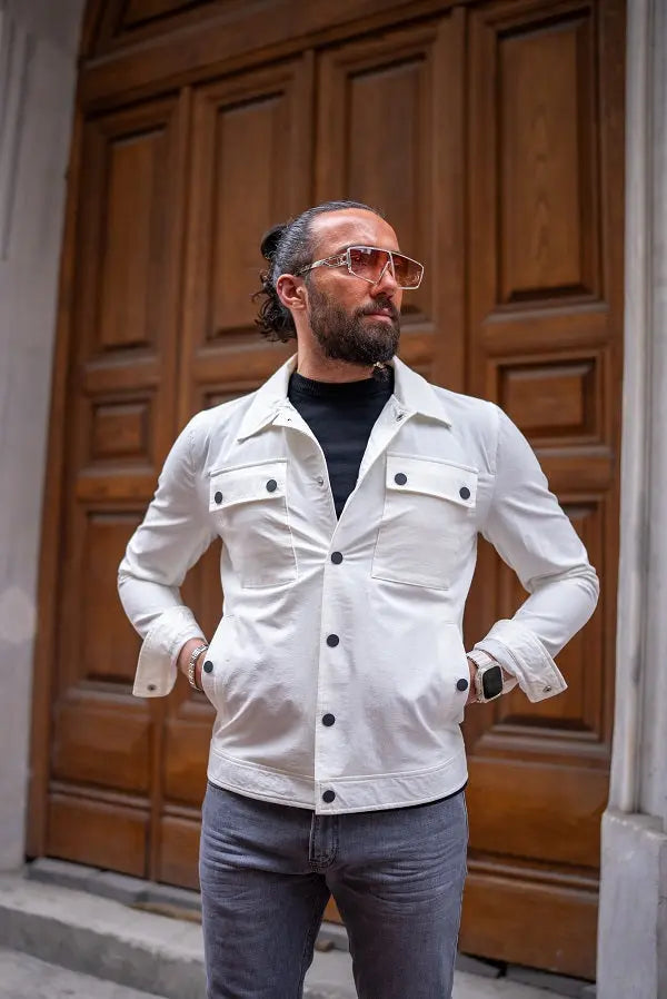 Brabion Massimo White Slim Fit Double Pocket Buttoned Coat - BRABION