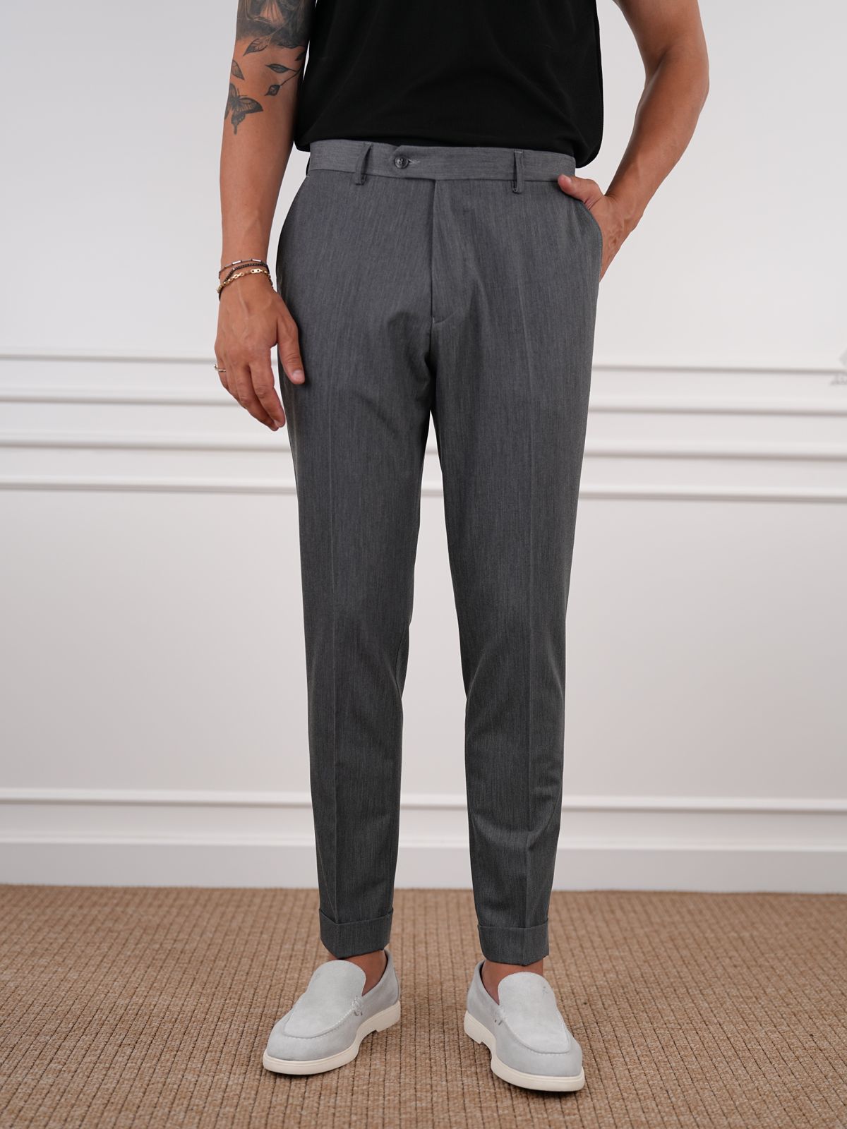 Smoked Gray Slim Fit High Waist Trousers