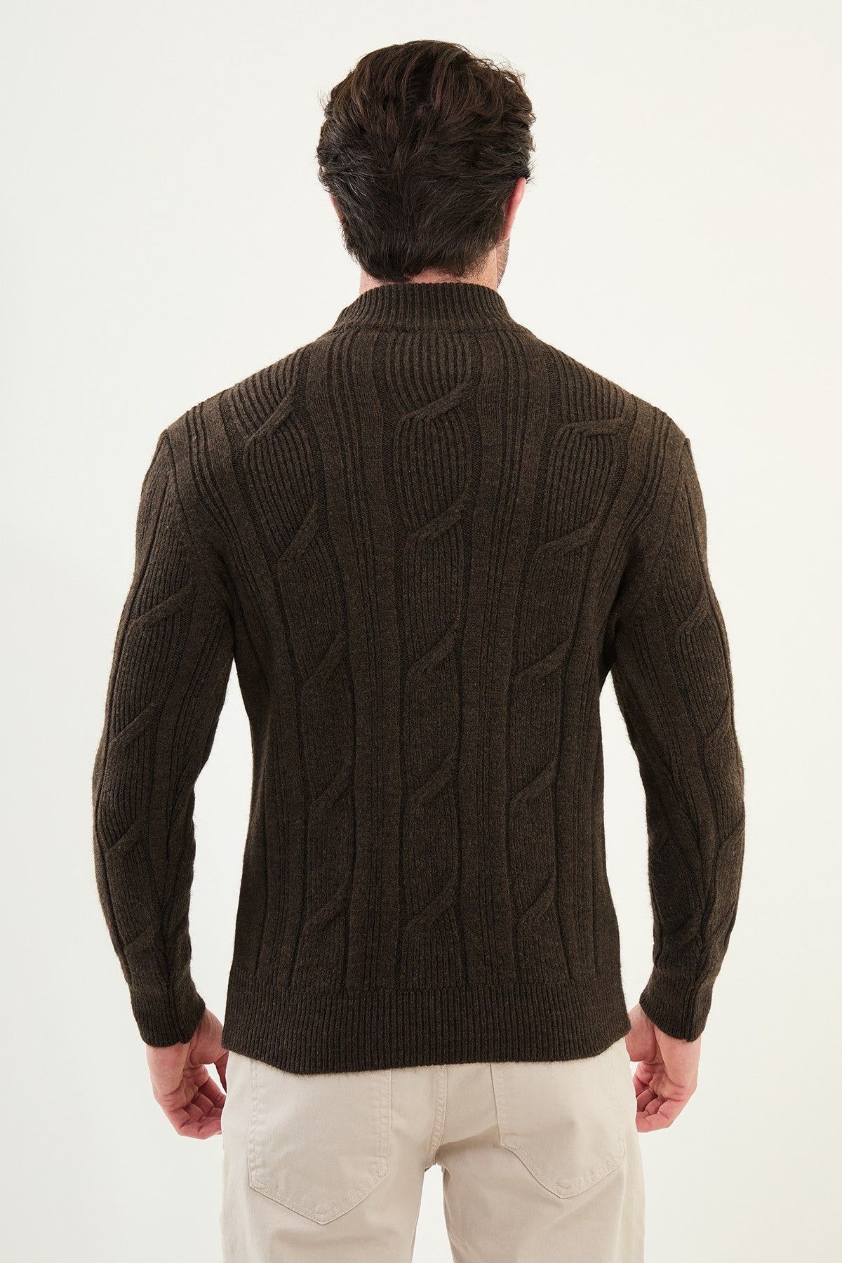 Dark Brown Cable-Knit High Neck Sweater