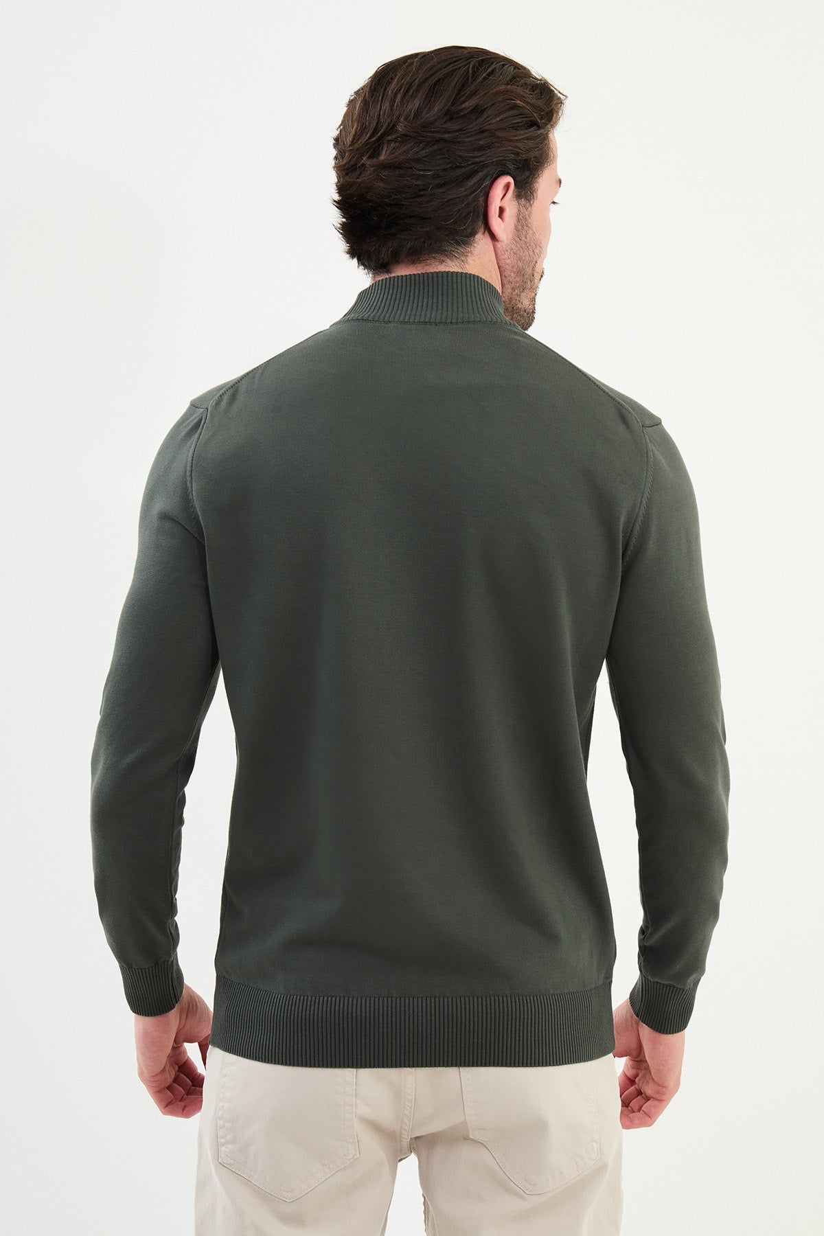 Men’s Khaki Green Knit Half-Turtleneck Pullover – Slim Fit