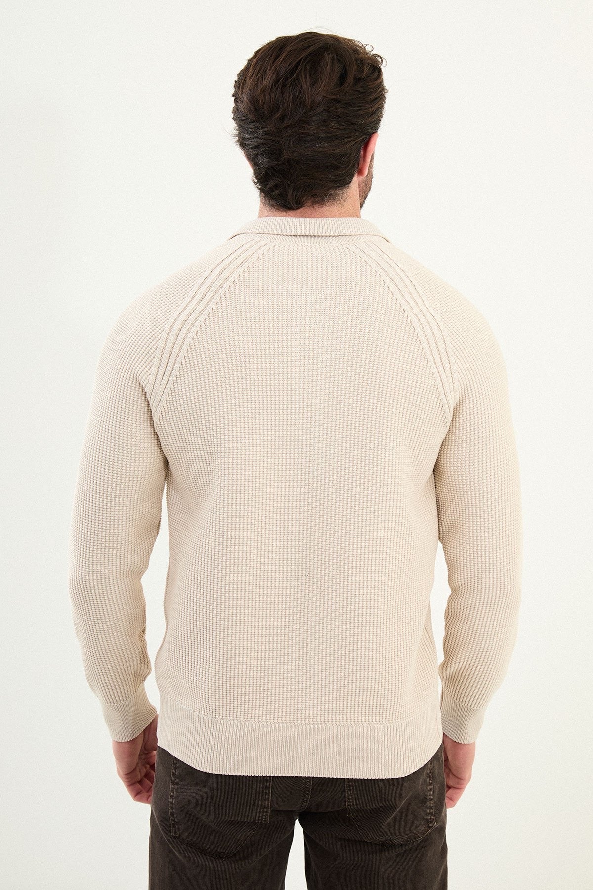 Men’s Beige Ribbed Zip Cardigan