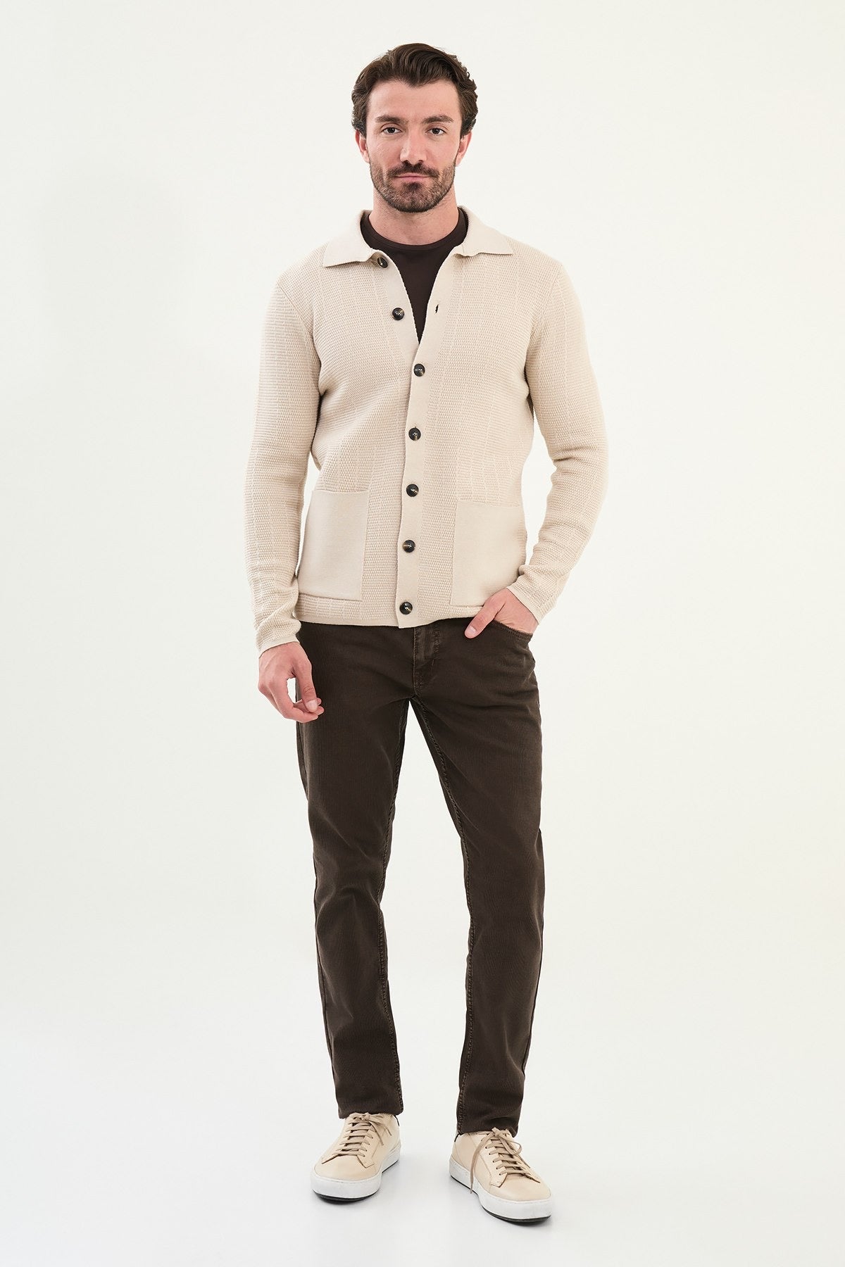 Men's Slim-Fit Button-Up Knit Cardigan – Beige