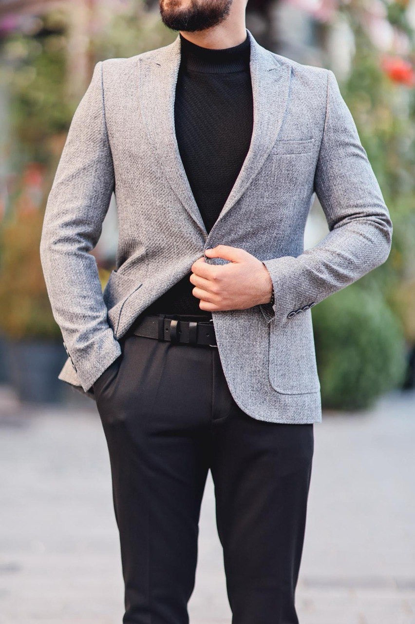 Men’s Gray Textured Slim-Fit Jacket
