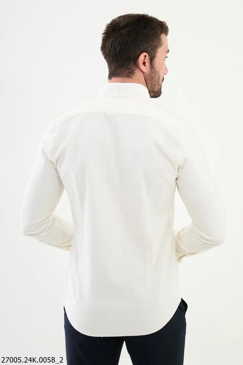 Brabion Nico White Slim Fit Double Pocket Corduroy Shirt - BRABION