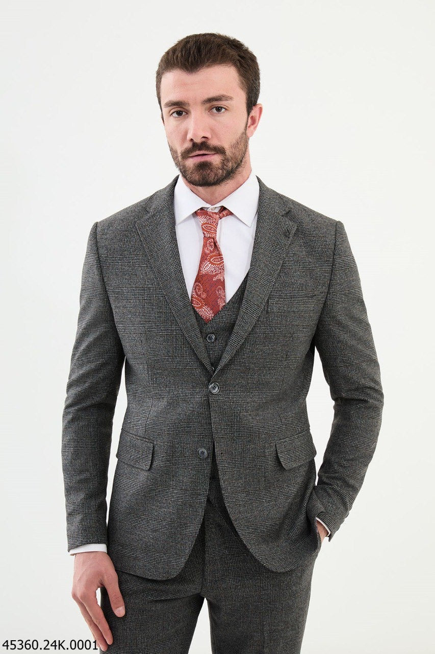 Brabion Diego Dark Gray 3 Piece Glen Check Wool Suit