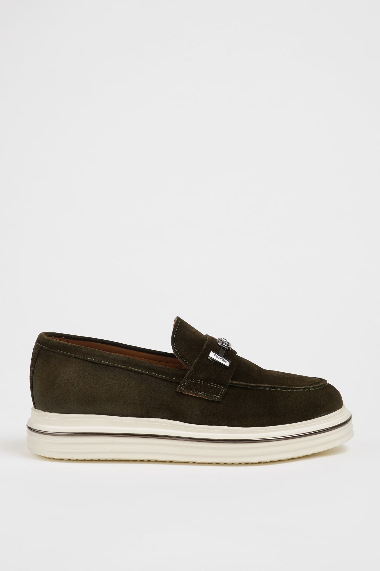 Maison Khaki Nubuck Leather Casual Loafers with Buckle Detail