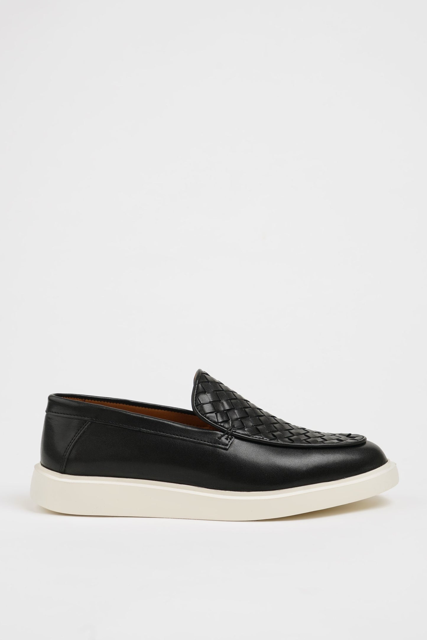 Maison Black Leather Casual Shoes with Knitted Detail