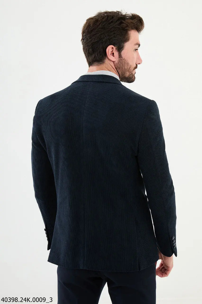 Brabion James Navy Blue Slim Fit Notch Lapel Striped Velvet Blazer - BRABION