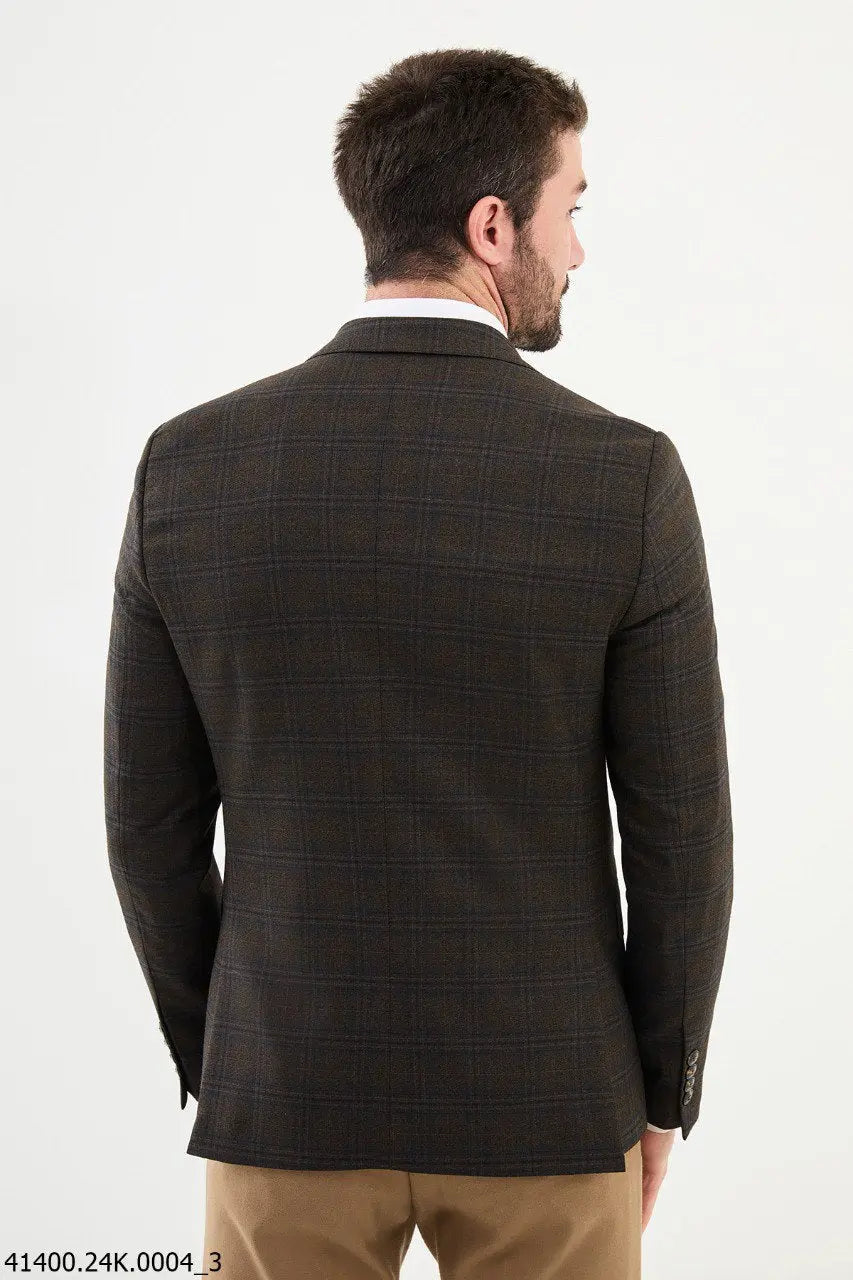 Brabion Dante Brown Slim Fit Notch Lapel Plaid Wool Blazer - BRABION