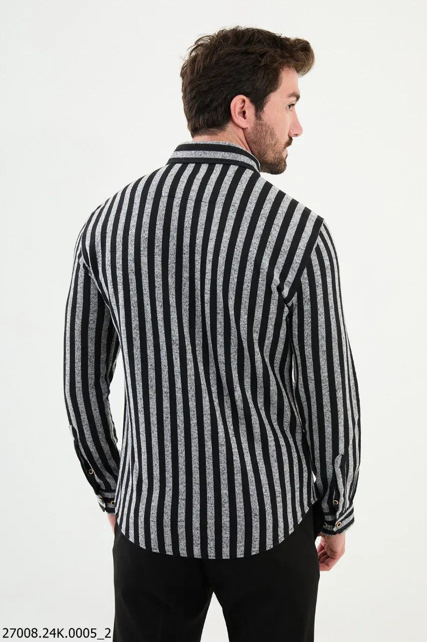 Brabion Nico Gray Black Slim Fit Striped Shirt - BRABION