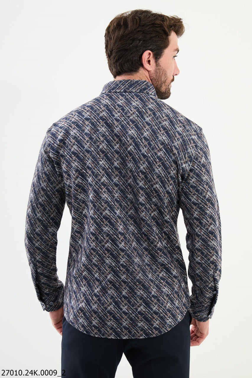 Brabion Nico Navy Blue Slim Fit Patterned Wool Shirt