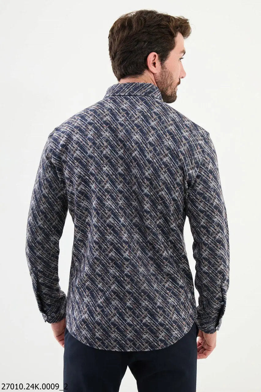 Brabion Nico Navy Blue Slim Fit Patterned Wool Shirt - BRABION
