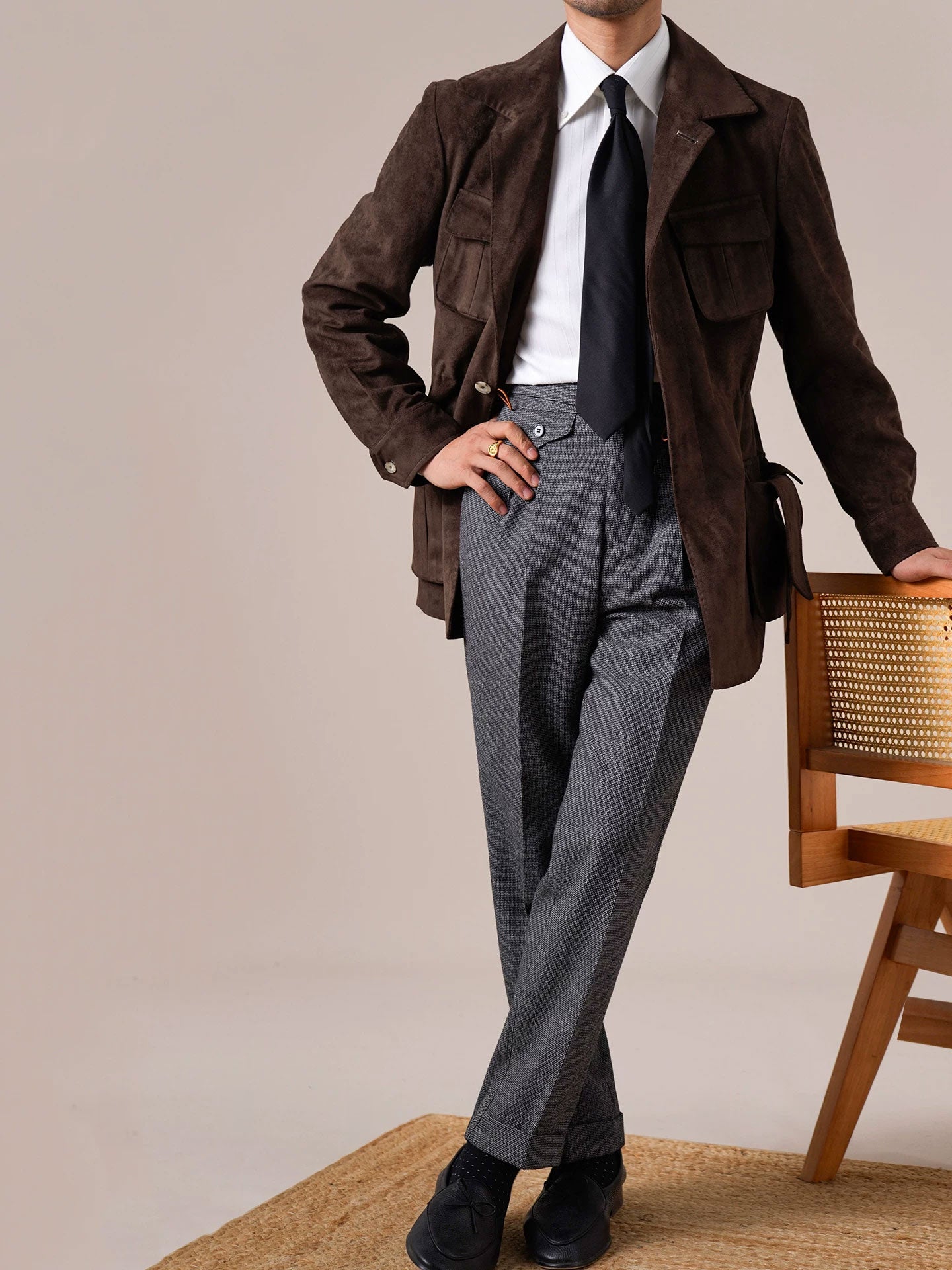 Men’s Suede Hunting Jacket — Slim Fit Belted Suit Collar Coat