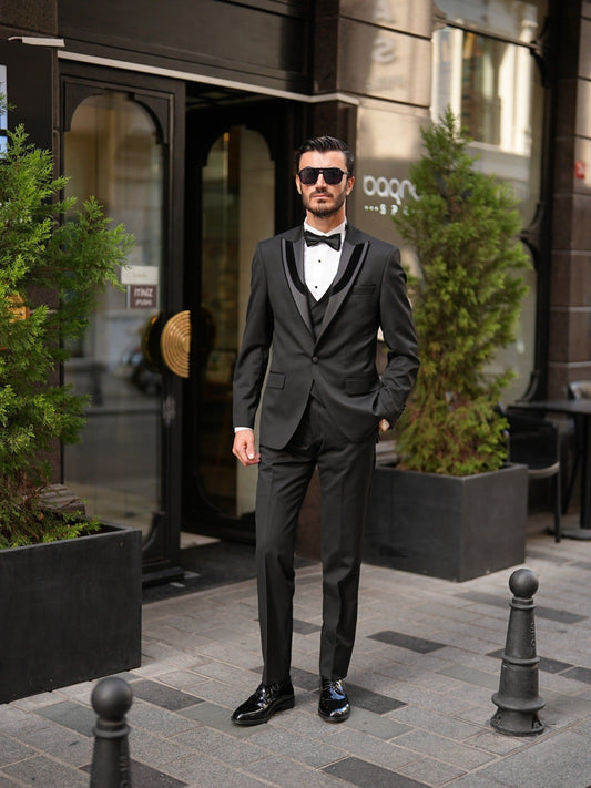 Brabion Elio Black Slim Fit Velvet Peak Lapel Tuxedo