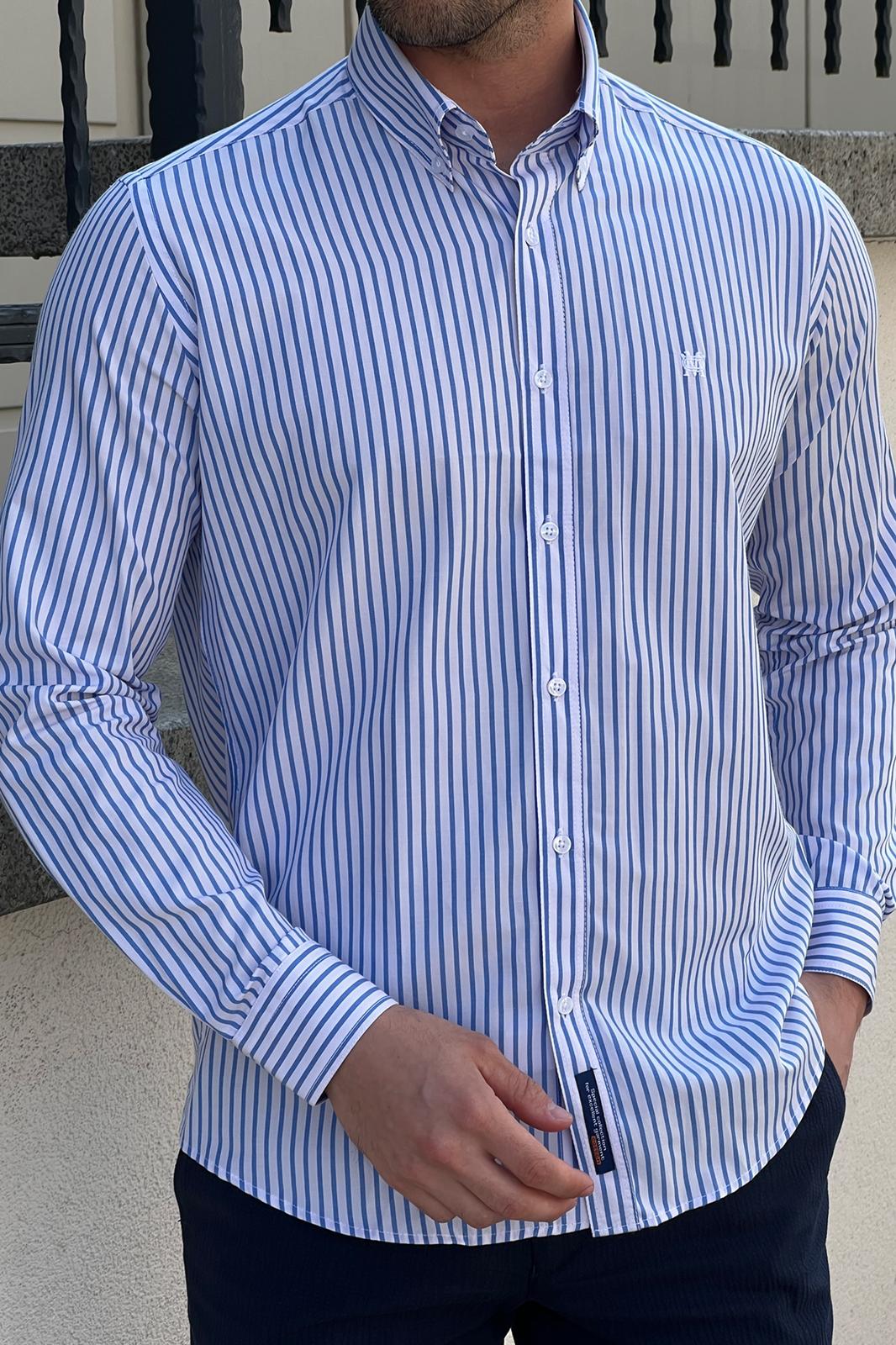 Brabion Daniel Striped White and Blue Slim Fit Shirt