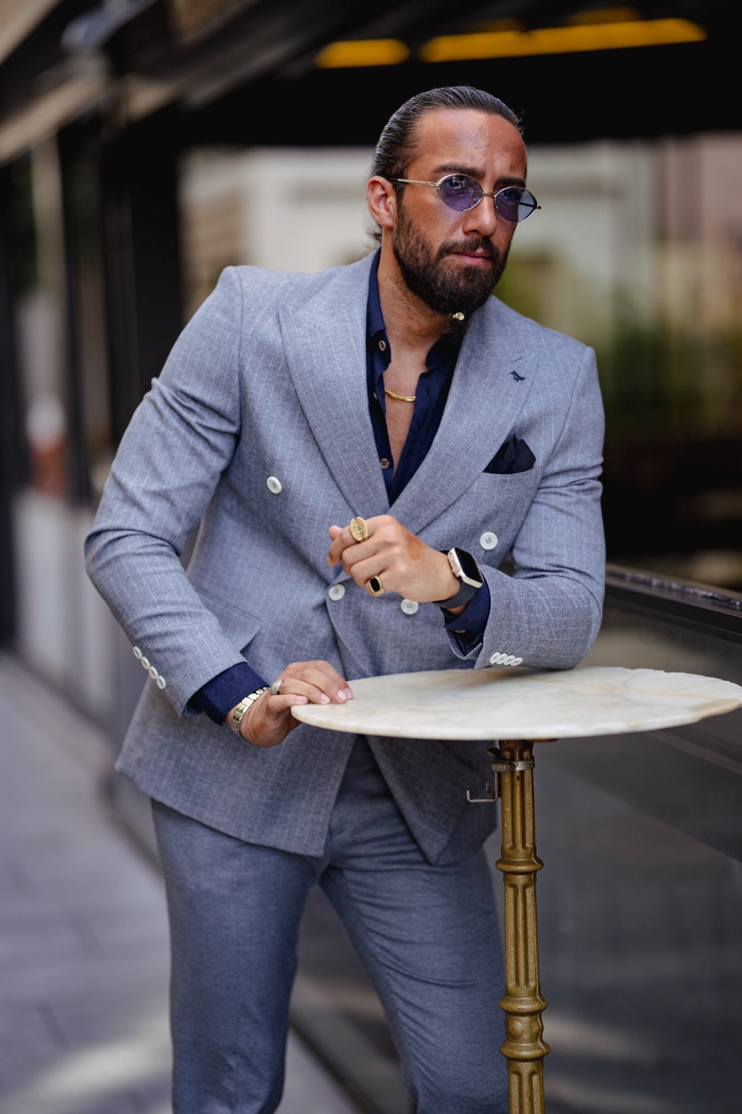 Vespo Pinstriped Navy-Blue Double Breasted Suit