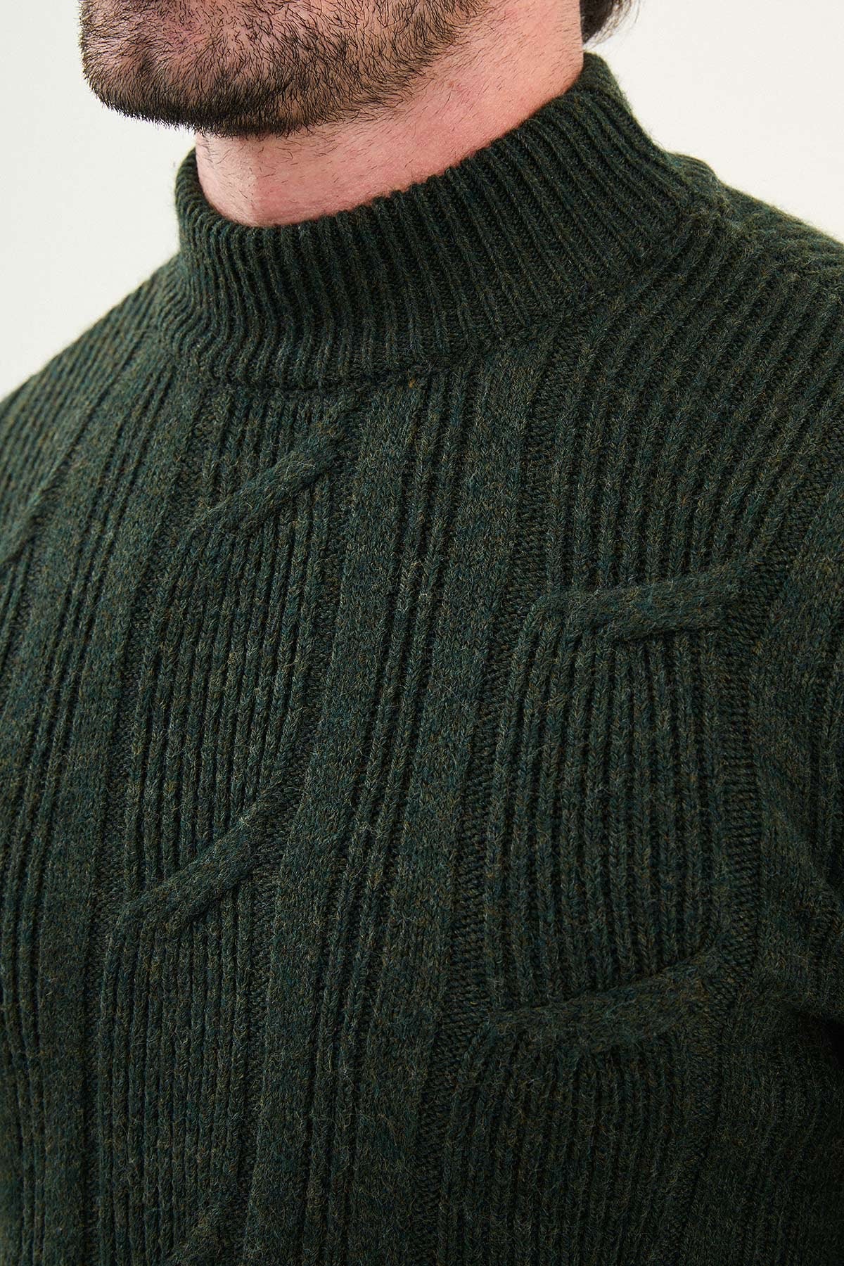 Green Cable-Knit High Neck Sweater