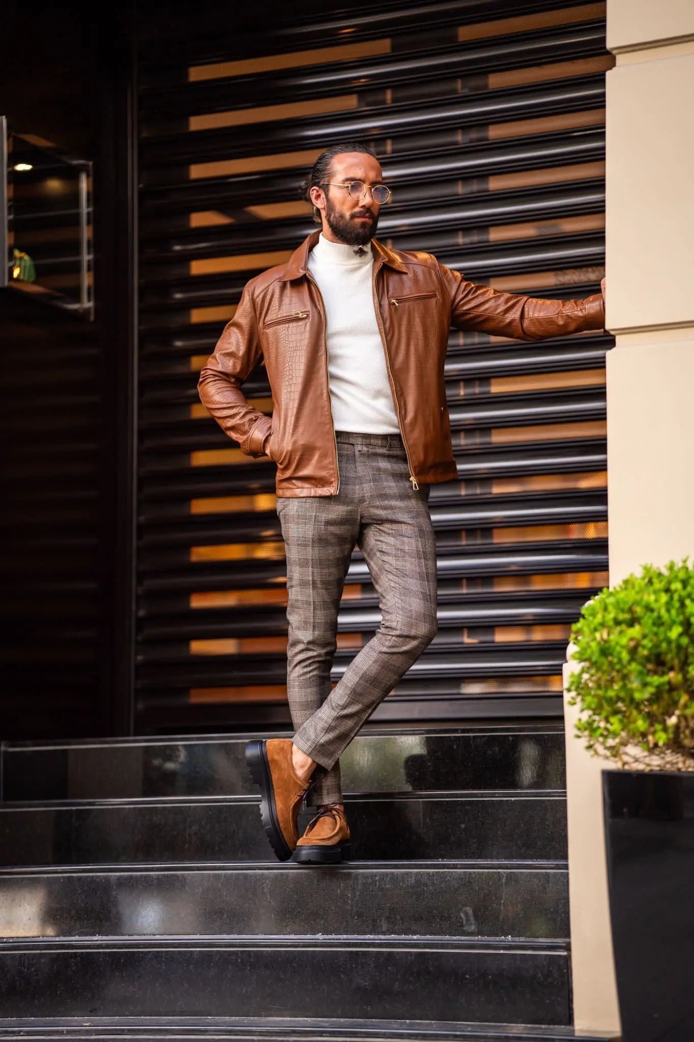 Mateo Slim Fit Tan Patterned Leather Coat - BRABION