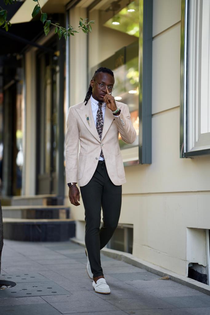 Amber Beige Slim Fit Peak Lapel Blazer: Elevate Your Wardrobe