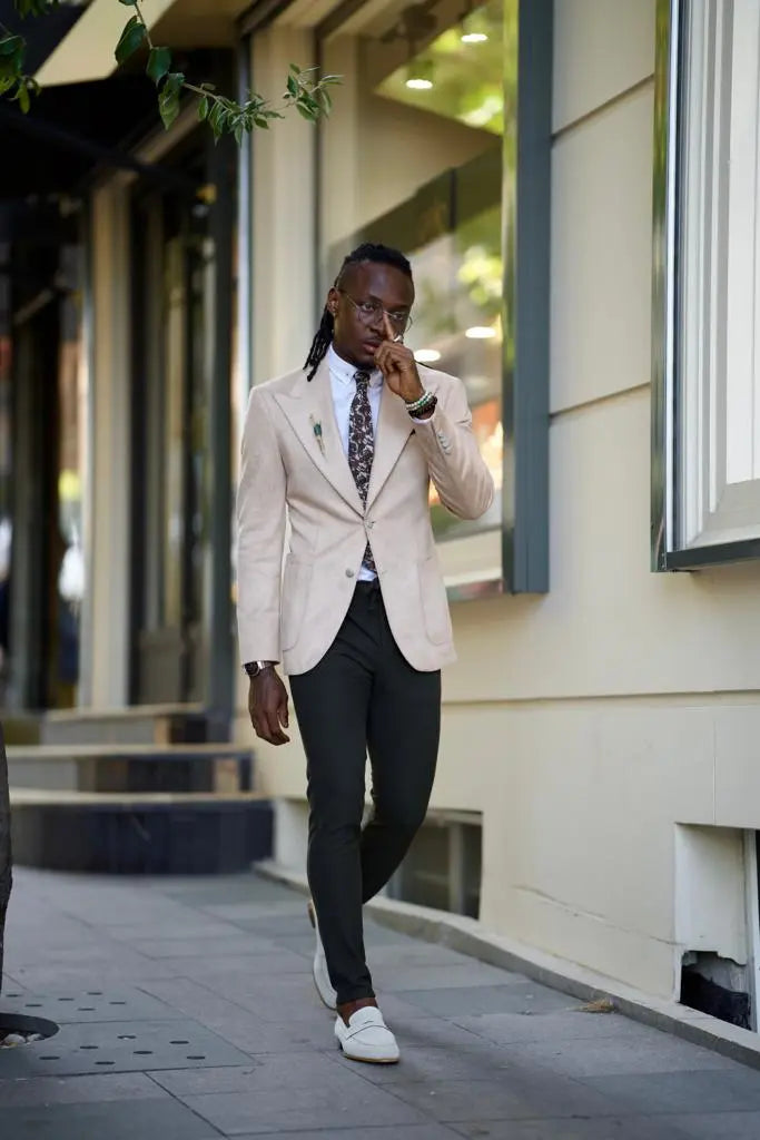 Amber Beige Slim Fit Peak Lapel Blazer: Elevate Your Wardrobe - BRABION