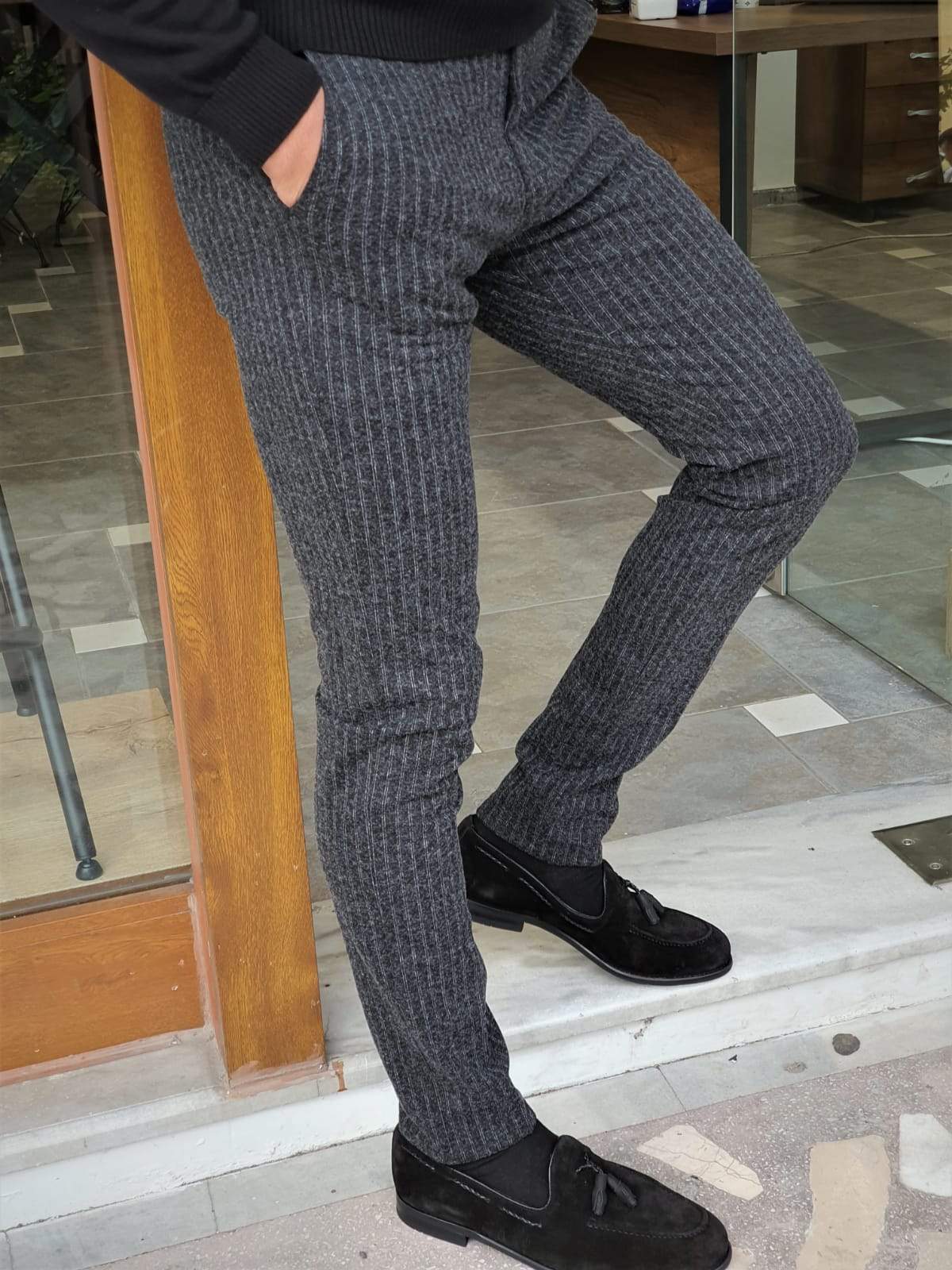 Paruri Black Slim Fit Striped Pants for Versatile Style