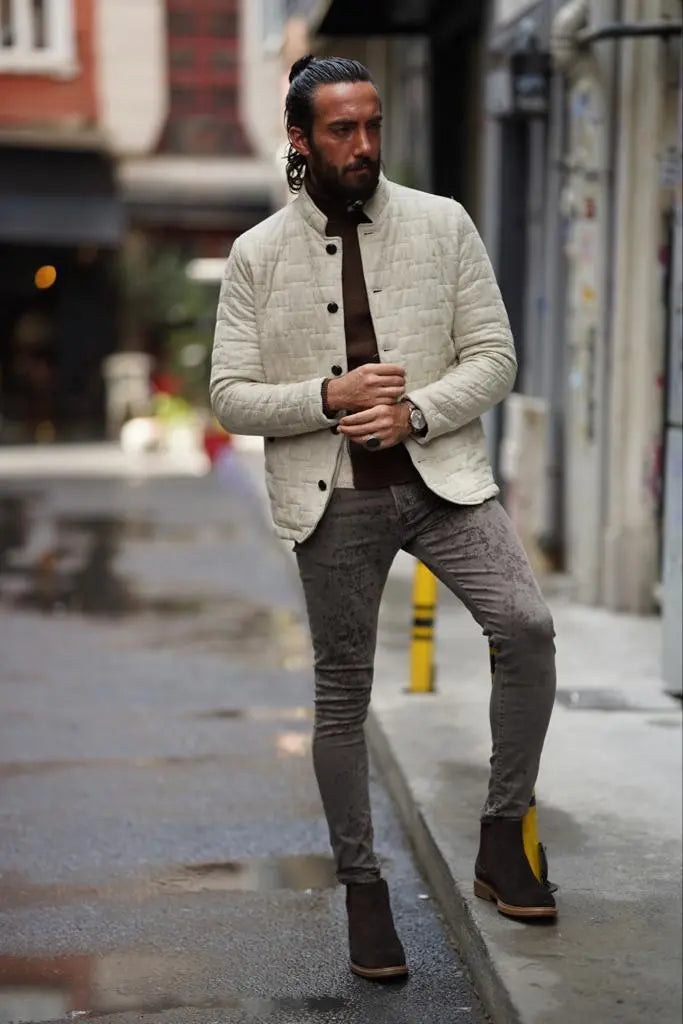 Avion Slim Fit Beige Nubuck Leather Jacket - BRABION