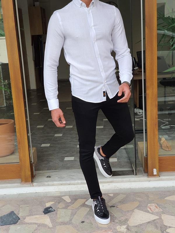 Brabion Mantova White Slim Fit Long Sleeve Striped Cotton Shirt