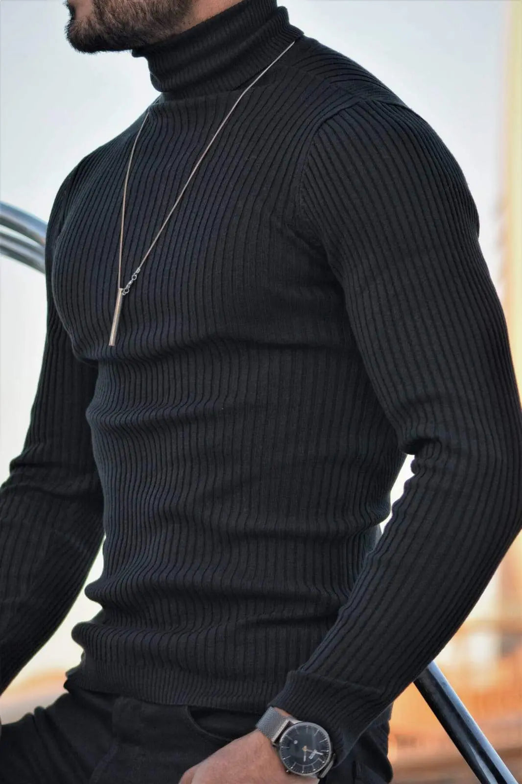 Napasta Black Slim Fit Turtleneck Wool Sweater - BRABION