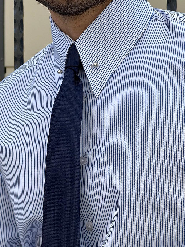 Brabion Berton Blue Slim Fit Long Sleeve Pinstripe Dress Shirt