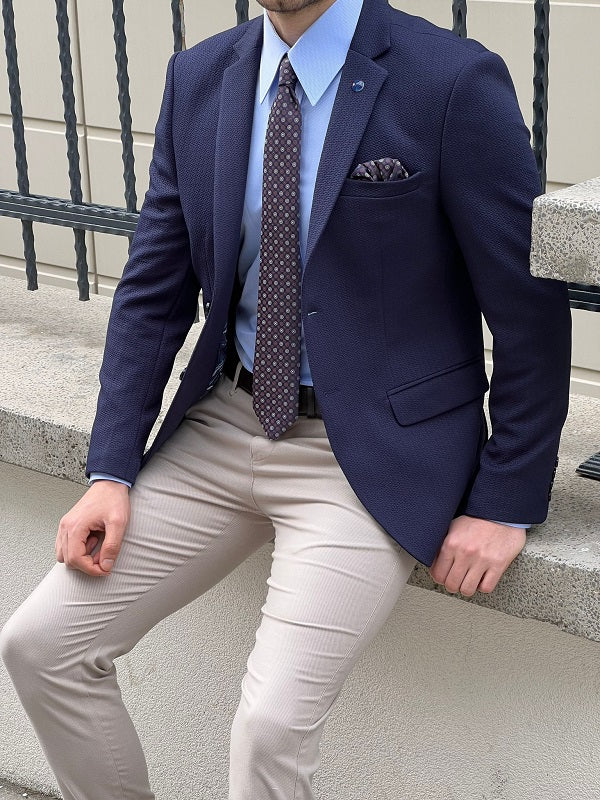 Hazel Navy Blue Slim Fit Notch Lapel Blazer