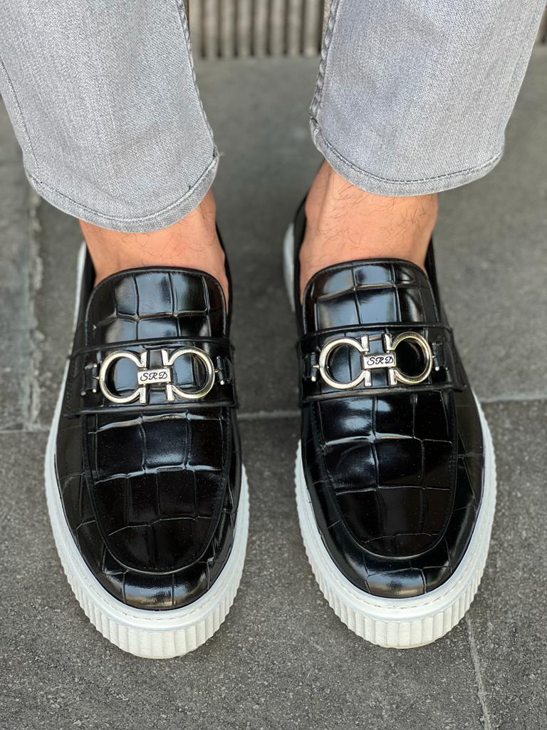 Lawson Black Crocodile Pattern Bit Loafers