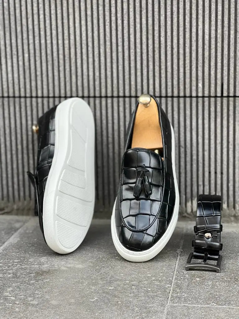 Lawson Black Crocodile Pattern Slip-Ons - BRABION