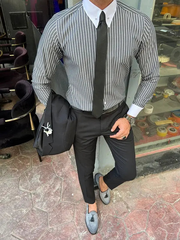 Brabion Berton Black Slim Fit Striped Cotton Shirt - BRABION