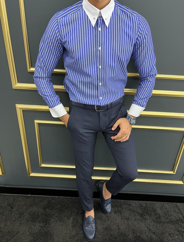 Brabion Berton Blue Slim Fit Striped Cotton Shirt