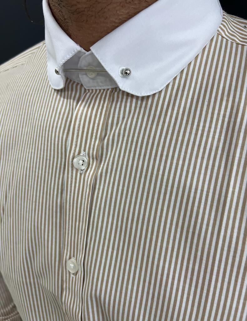 Brabion Sorento Beige Slim Fit Needle Collar Striped Shirt