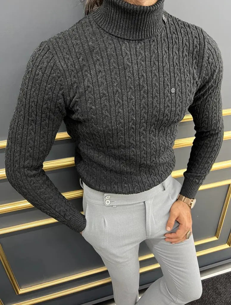 Berton Black Slim Fit Striped Pattern Turtleneck Sweater - BRABION