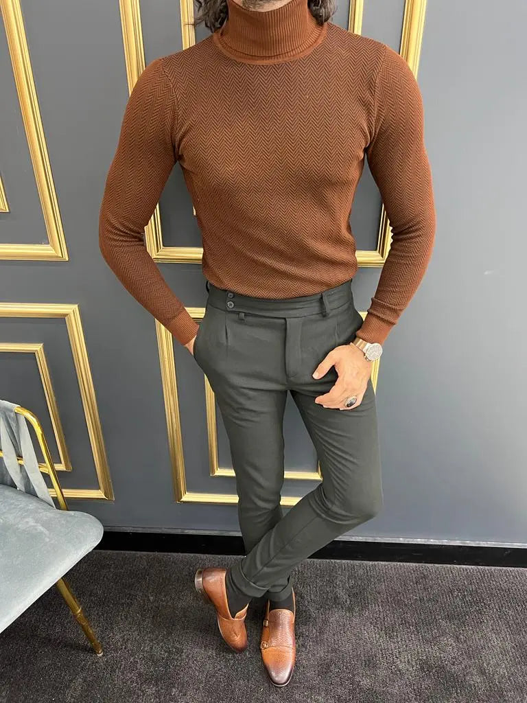 Amber Rust Brown Slim Fit Striped Turtleneck Sweater - BRABION