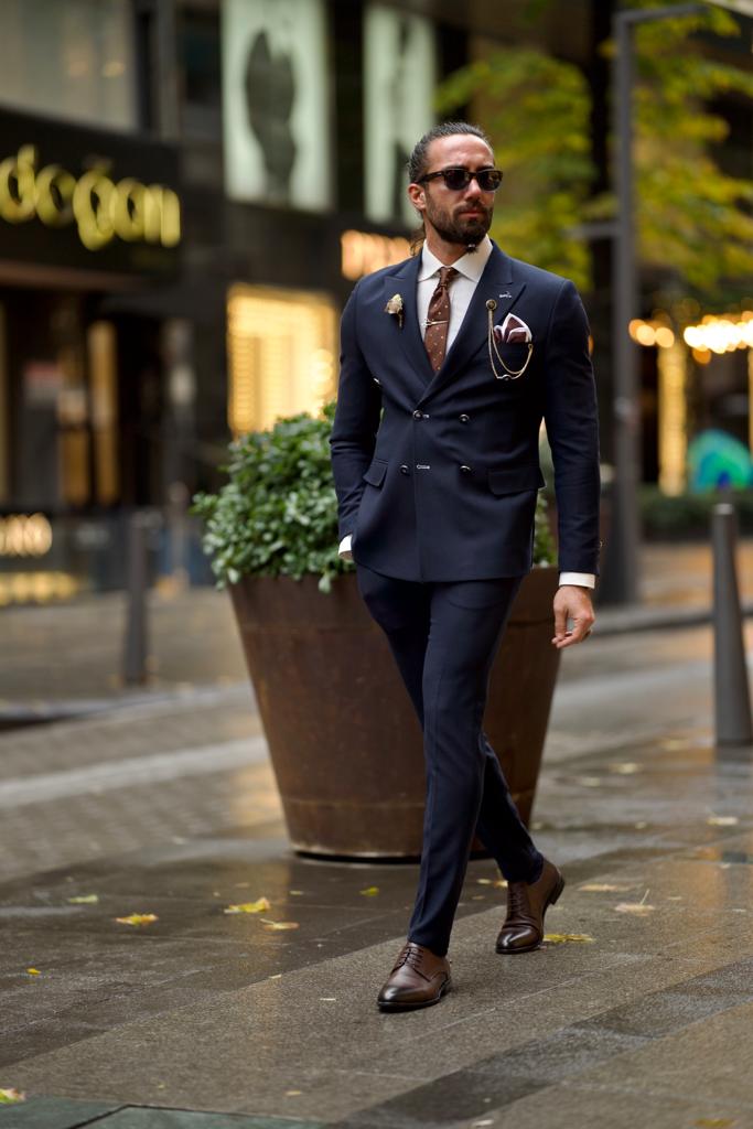 Jake Dark Blue Slim Fit Double Breasted Wool Suit