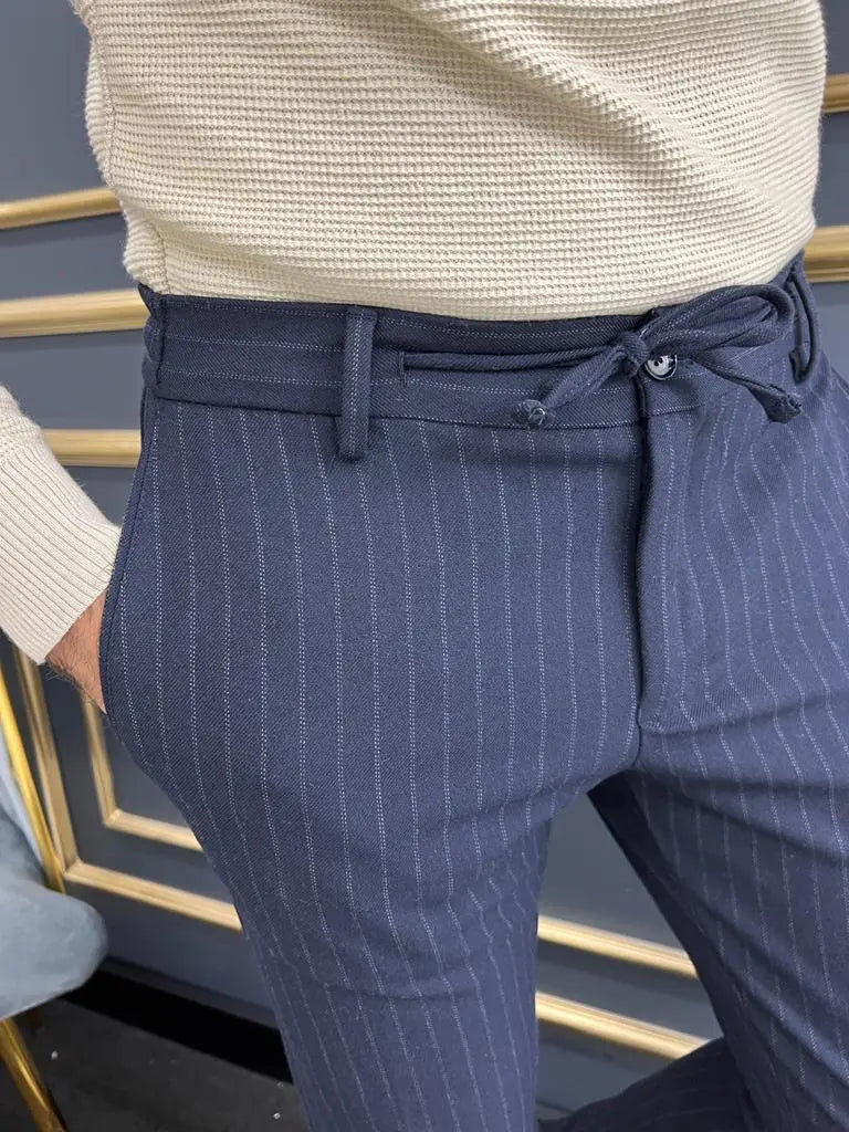 Avion Navy Blue Slim Fit Laced Striped Pants - BRABION